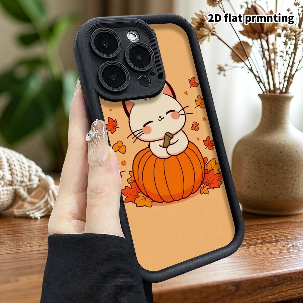 Phone case: 2D flat, suitable for iPhone 18 17 16 15 14 13 Pro protective case, pumpkin kitten, perfect Christmas and Halloween holiday gift