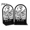 L-shaped Bookend 1 Pair Flower Metal Bookends, Decorative Vase Book Ends for Non-slip Shelves, Black Holder Stopper Home Office Reading Room