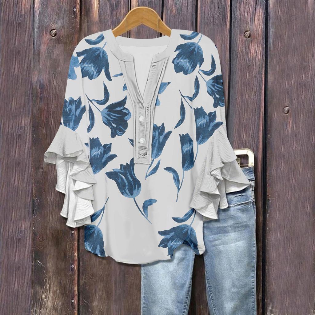 Women's Summer Tops V Neck Three-quarter Sleeves Floral Print Flowing Ruffle Sleeves Half-button Shirt