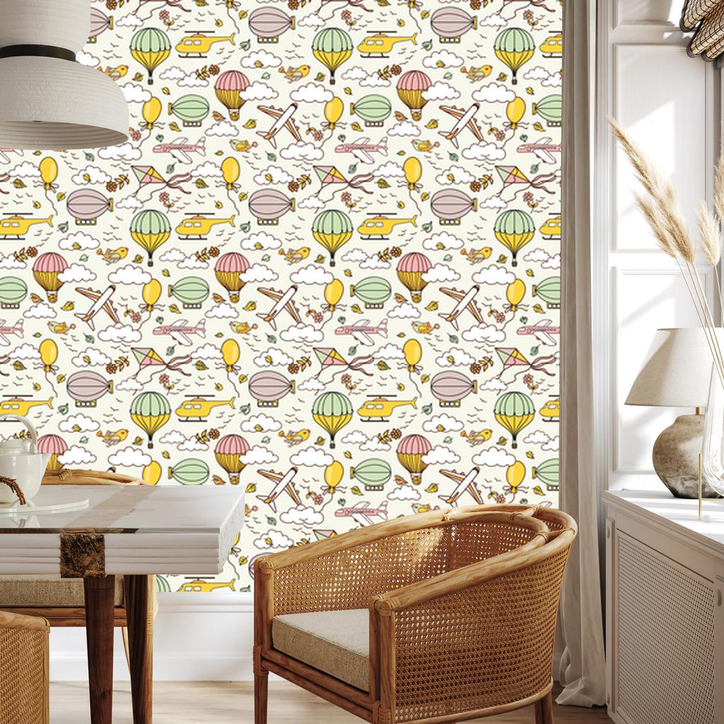 Wallpaper Colorful airplanes with balloons for living room and bedroom 50x1000