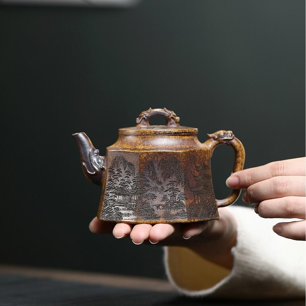 

300ml Vintage Yixing Purple Clay Teapots Handmade Ryuzun Pot Raw Ore Keel Gold Sand Mud Tea Maker Kettle Strainer Zisha Tea Set