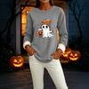 Women's -Lined Long Sleeve Crewneck T-Shirt with Halloween Print for Winter Casual Wear