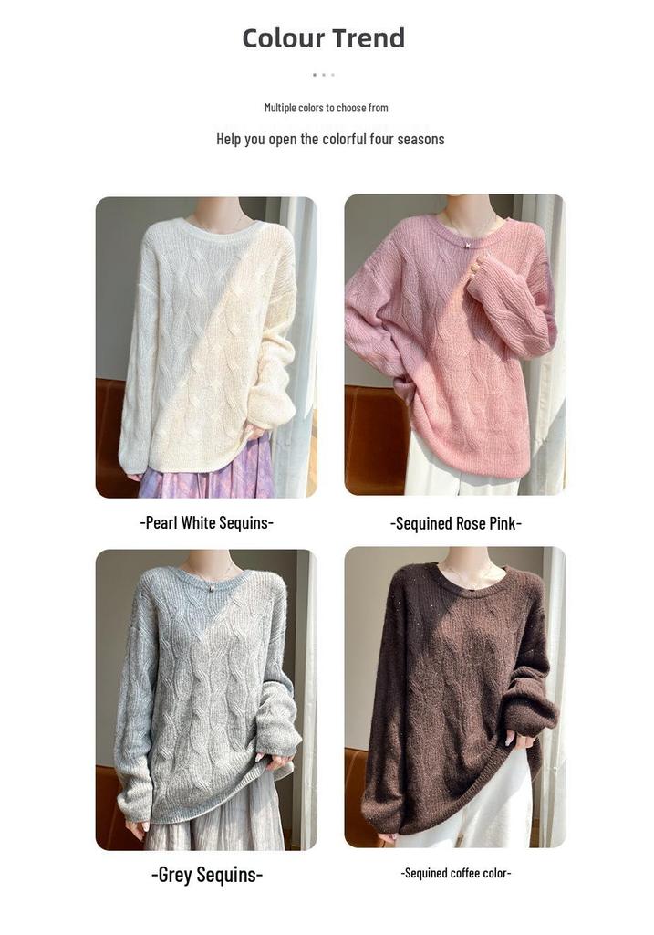 Women's Round Neck Chunky Knit Cashmere Sweater with Sequins, Long Sleeve Fashionable Top for Autumn & Winter