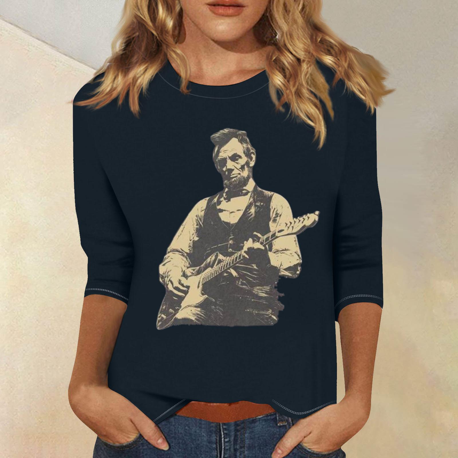 

Women Casual 3/4 Sleeve Graphic T Shirt Crew Neck Printed Top Lightweight Comfortable Fit L тёмно-синий