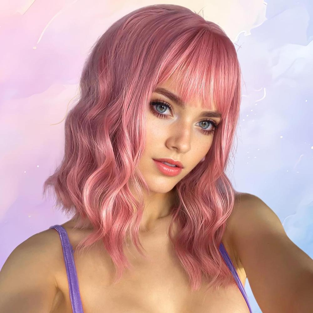 Pink short curly hair with bangs, wavy short curly hair One size fits all adults розовый