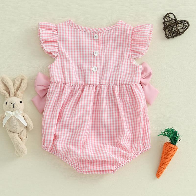 Citgeett Summer Easter Infant Baby Girl Casual Bodysuit Flying Sleeve Bunny Carrot Embroidery Plaid Jumpsuit Clothes