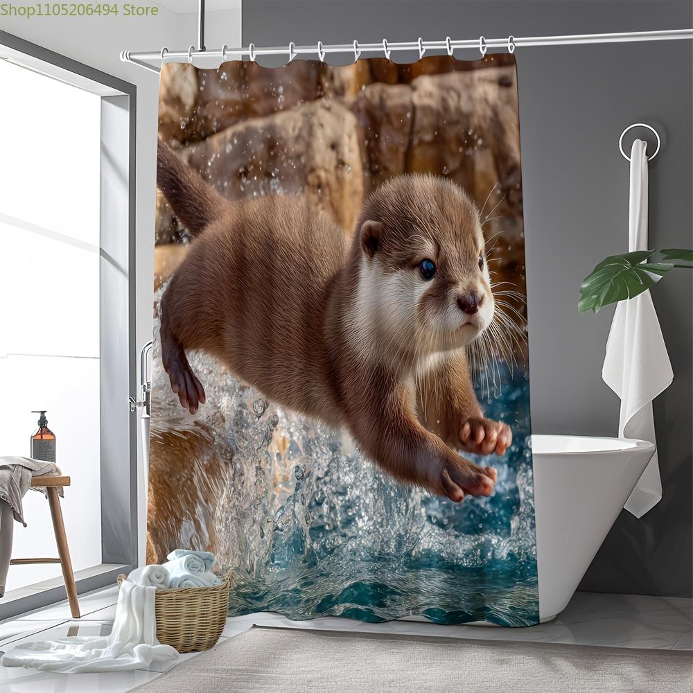 One Piece of a Shower Curtain Featuring a Jumping Otter Design, Made of Polyester, Ideal for Bathroom And Home Decor