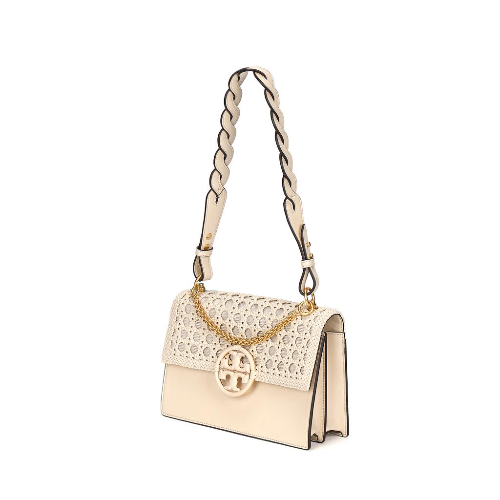 Tory Burch Miller Woven Design Metal Double T Logo Adjustable Shoulder Strap Leather And Canvas Tote Crossbody Bag Small Women Bags 88220-724