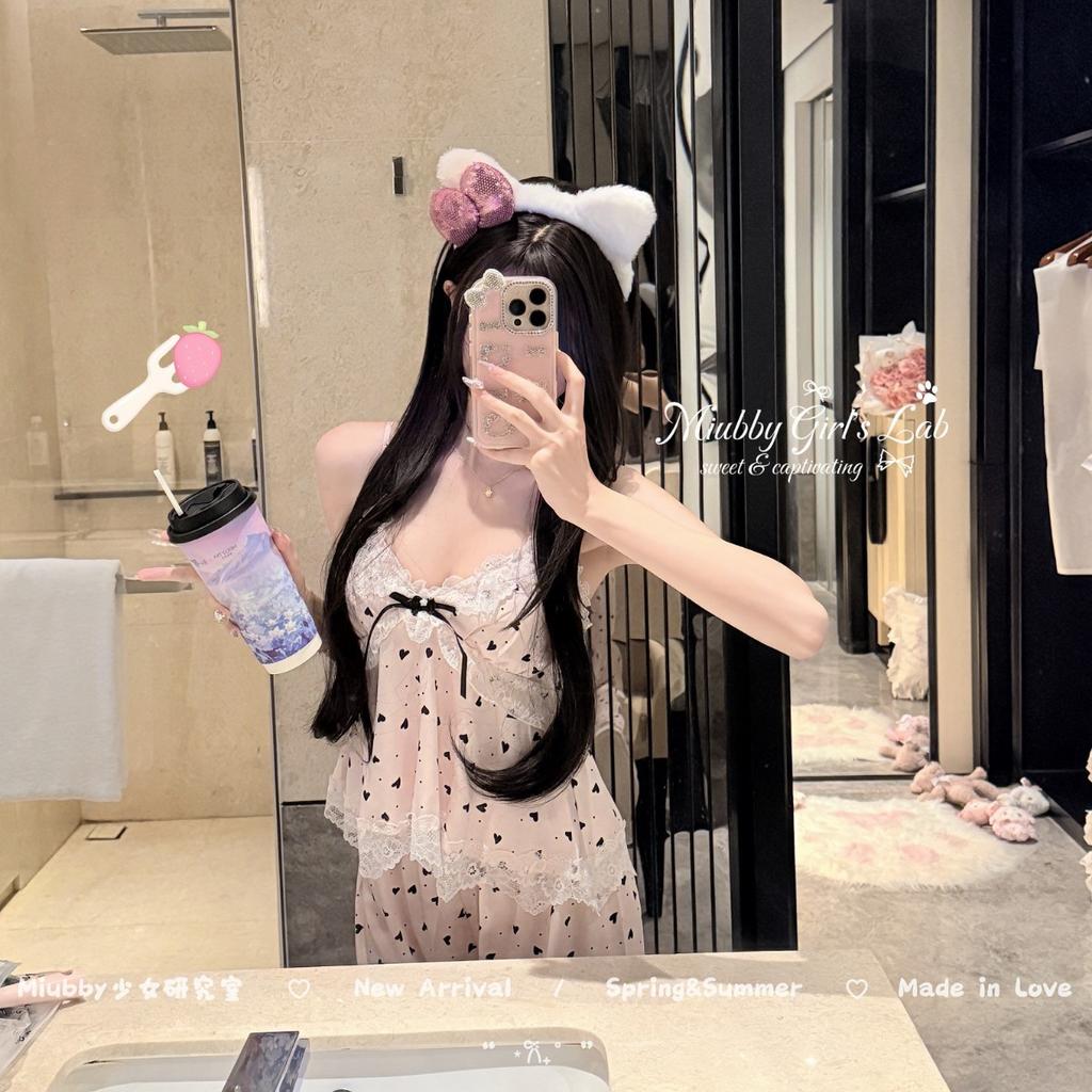 Miubby 'Ice Berry Love' spring/summer pure and sweet heart-shaped lace lace girl's ice silk pajama three-piece set