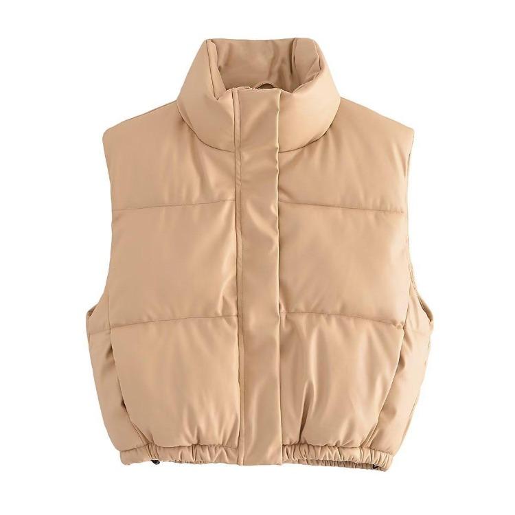 Women Winter Short Coat Cotton Imitation Leather Vest Pure Color Autumn Fashion Outerwear
