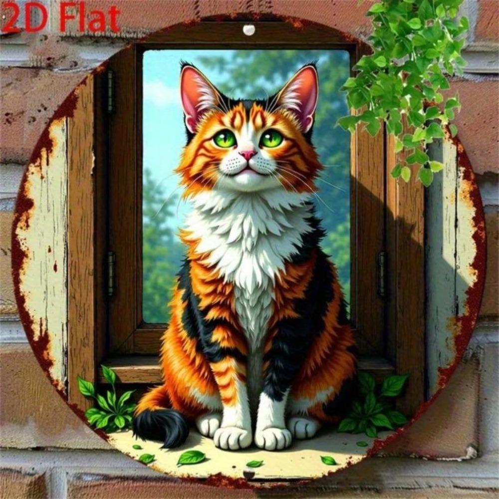 Vintage Green Eyed Cat Metal Sign with Floral Art for Home Kitchen Bar Decor