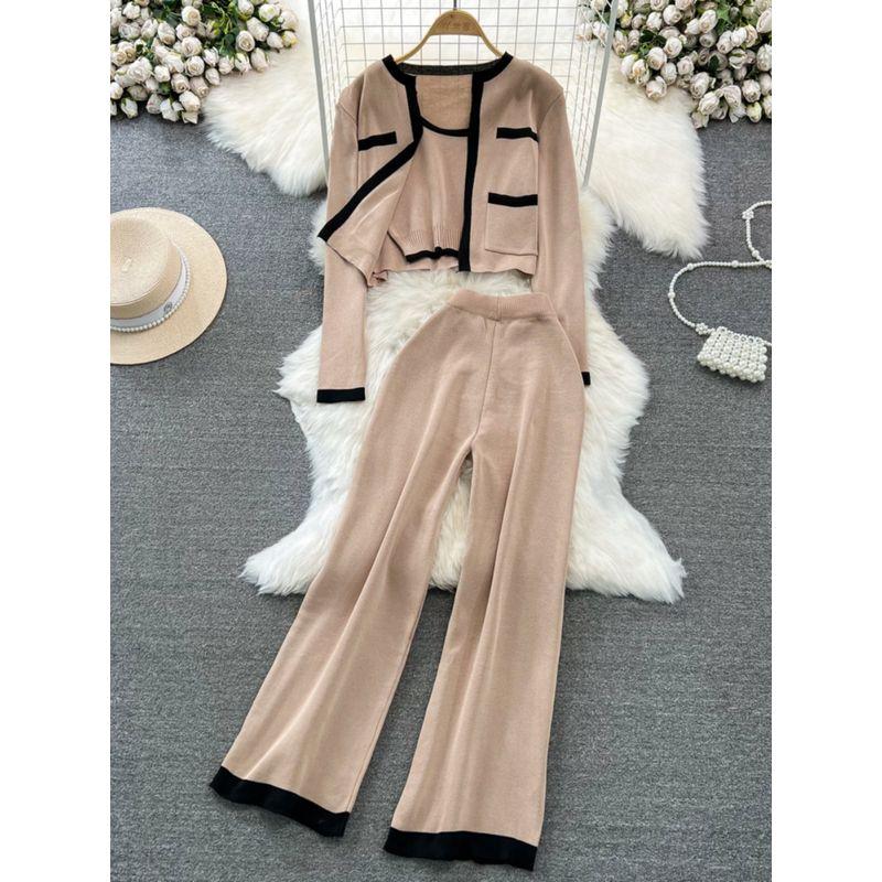 Fashion Suit K-style Long Sleeves Contrast Color Knitting Cardigan Coat Vest Three-Piece Set High Waist Slimming and Straight Loose Pants