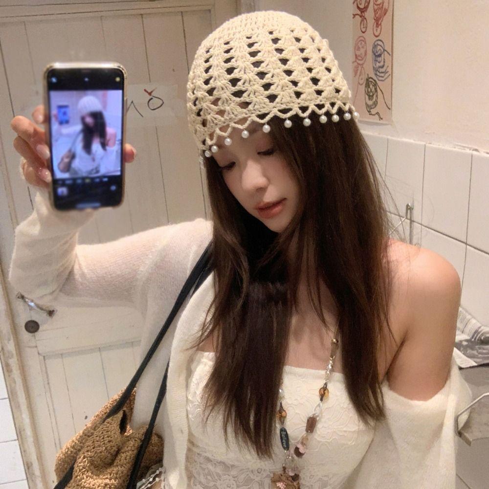 Beads Tassels Knit Beanies Sweet Weave Cap Retro Crochet Hollow Knitted Hat  Outdoor