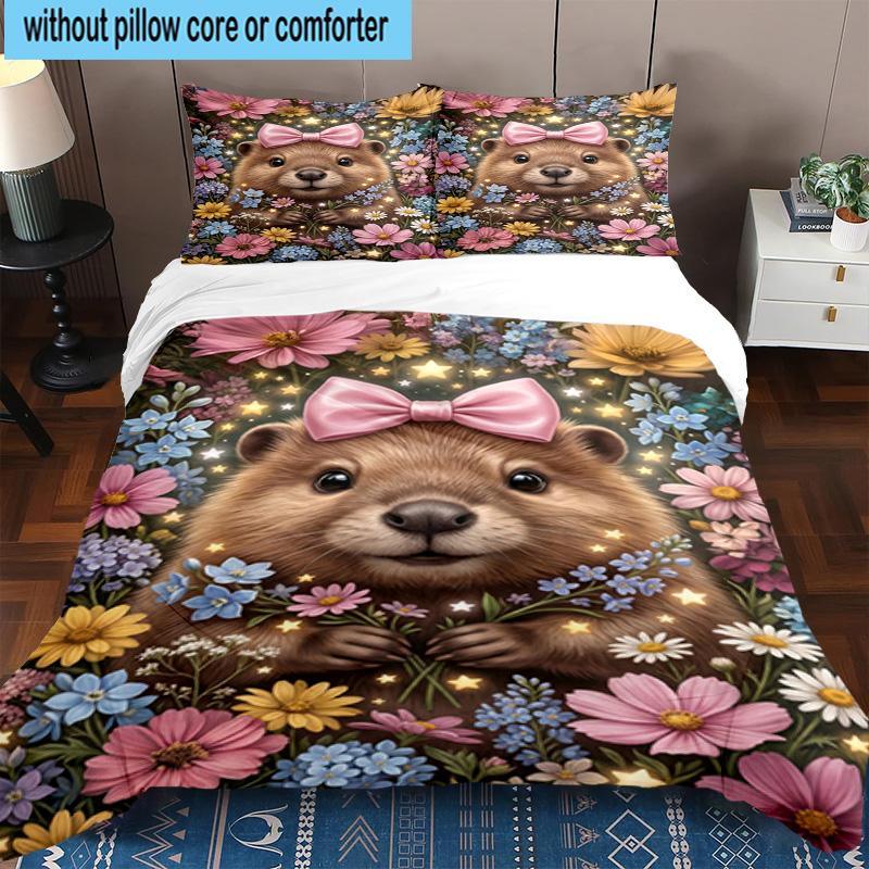 Starry Groundhog Illustration 3pcs Bedding,Including 1pc Duvet Cover And 2pcs Pillowcases Perfect for Christmas,Ideal for Bedroom, Dormitory