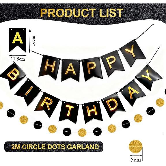 Black Happy Birthday Banner, Black and Metallic Gold Balloons for Birthday Celebrations