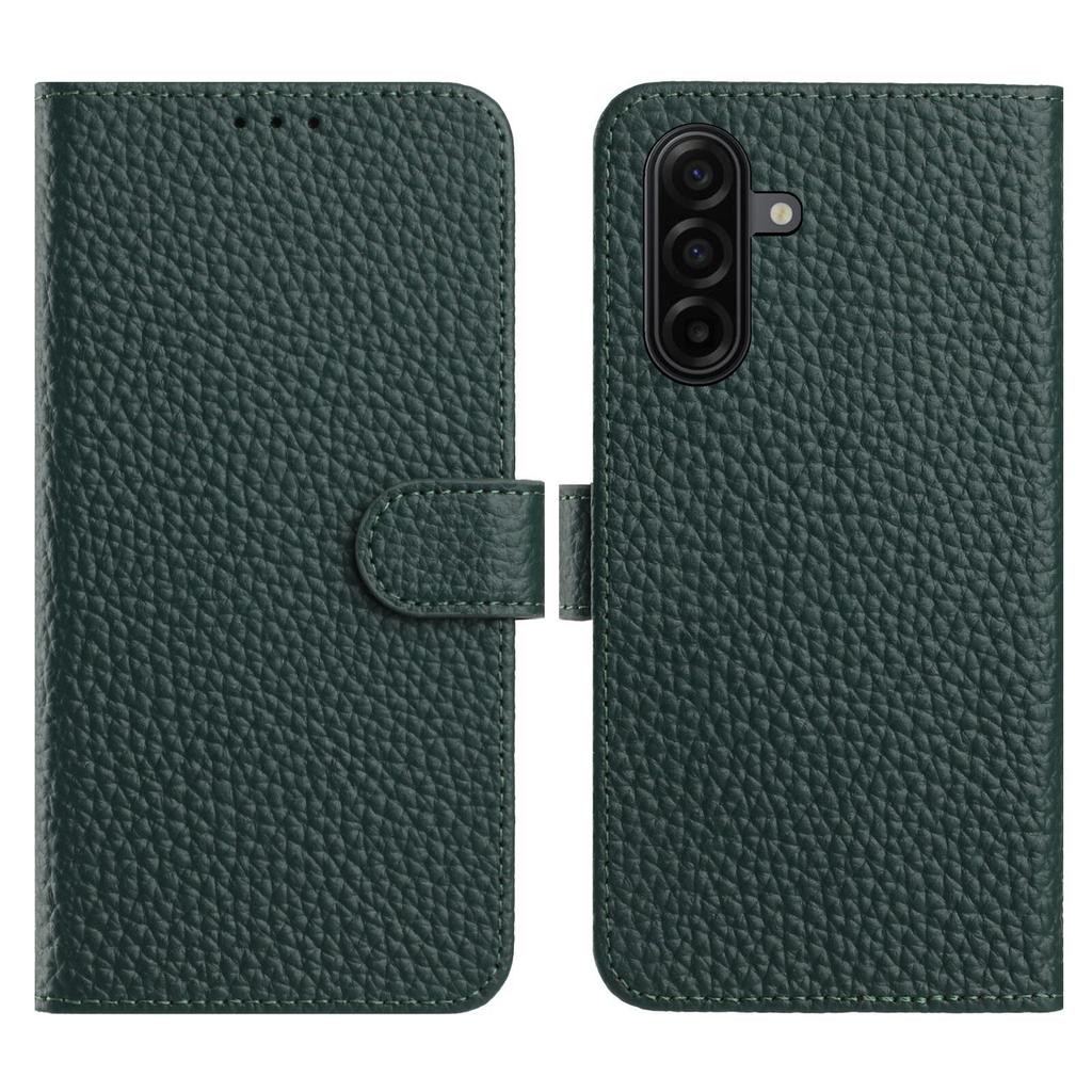 Funda Cartera con Soporte para Samsung Galaxy A57 5G, Textura Lichi, Piel de Vaca Genuina, Tapa abatible para Teléfono