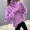Geometric Cable Pattern Mid-Length Hip-Covering Sweater for Women, Autumn/Winter Vintage Warm Turtleneck Sweater for Women, Loose, Lazy, Versatile for