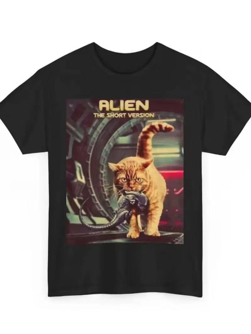 Men S Black Alien Xenomorph Sci-Fi Graphic T-Shirt - Xenomorph & Orange Tabby Ca L