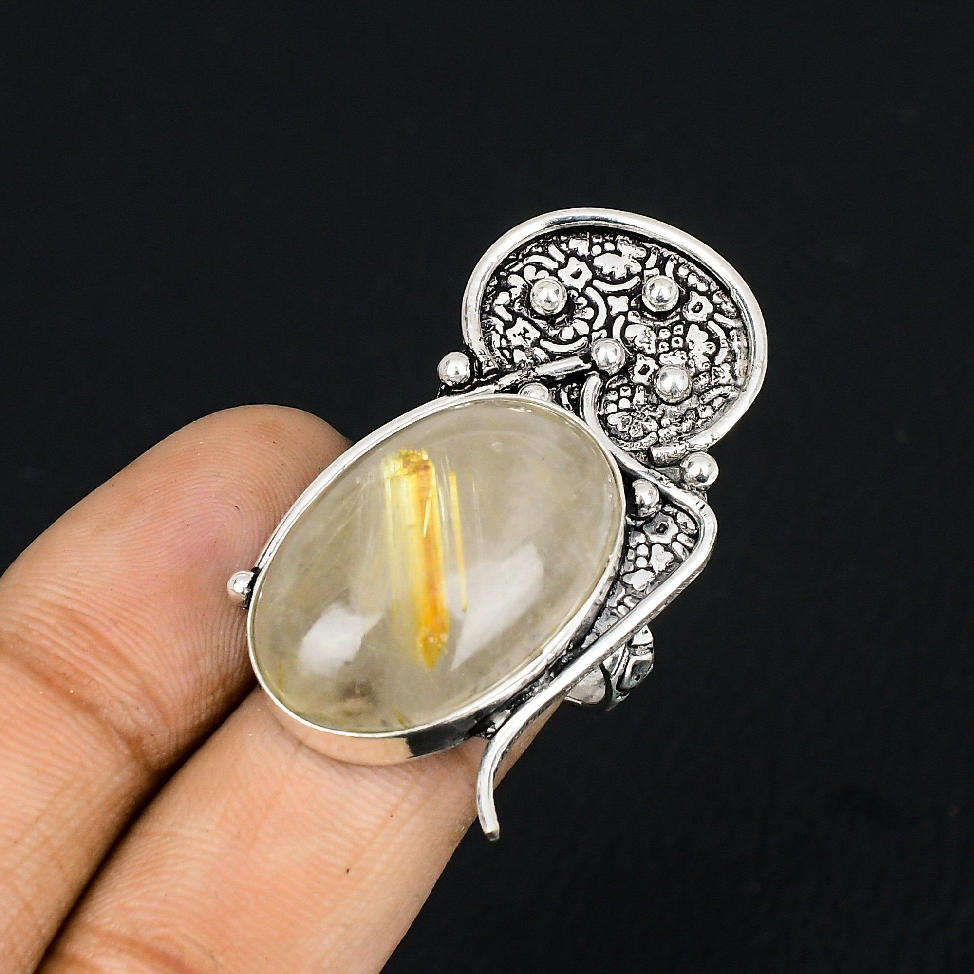 Natural Golden Rutile Gemstone 925 Silver Solitaire Ring Size 8 For Women 8