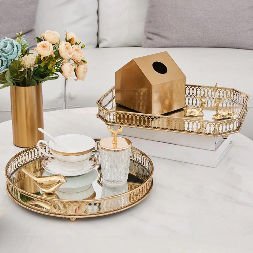 Gold Metal Jewelry Tray Round Makeup Snack Tray European Mirror Storage Tray Bedroom Living Room