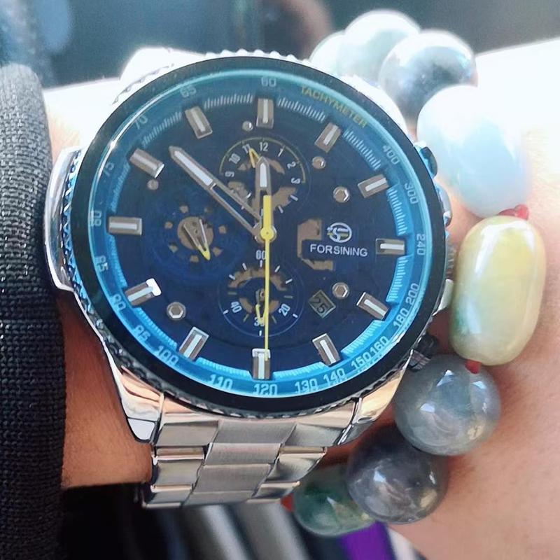 Forsining Drei Zifferblatt Kalender Edelstahl Männer Mechanische Automatische Armbanduhren Top Luxus Military Sport Männliche Uhr