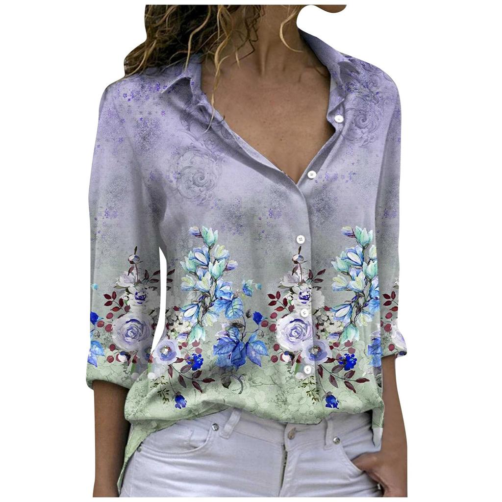 Women's Fashion Casual Printed Button Lapel Long Sleeved Shirt Top Blouse