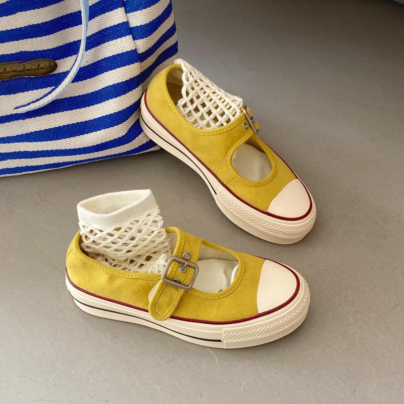 Thick-soled Retro Light-mouth Mary Jane Canvas Shoes, New Lazy One-word Buckle Versatile Casual Women's Shoes