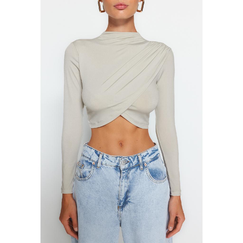 Bluză neagră drapeată cu guler înalt Twoaw24bz00164