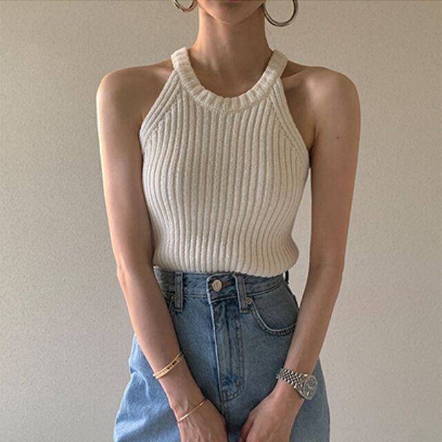

Summer Knitted Camisole Tank Top Women s Korean Style High - End Slim Short Hot Girl Sleeveless Top S