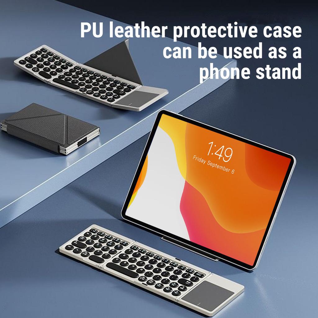 Foldable Bluetooth Keyboard Portable Wireless Keyboard with PU Leather Cover Touchpad for Tablet Laptop Smartphone Connect Up To