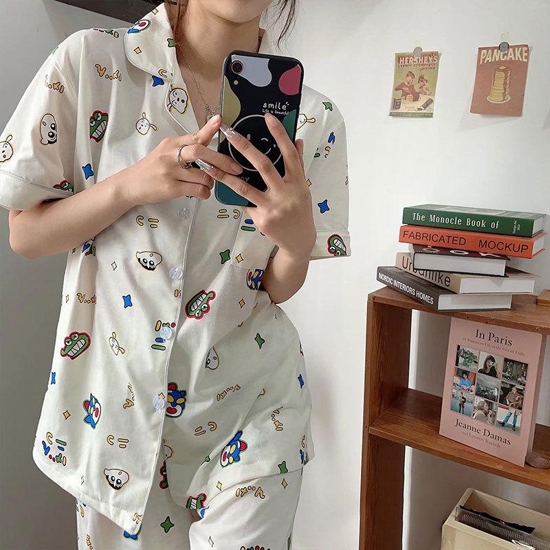Crayon Xiaoxin Same Pajamas Women's Thin Summer Short-sleeved Three-piece Set Cotton Large Size Loose Women's Loungewear Set