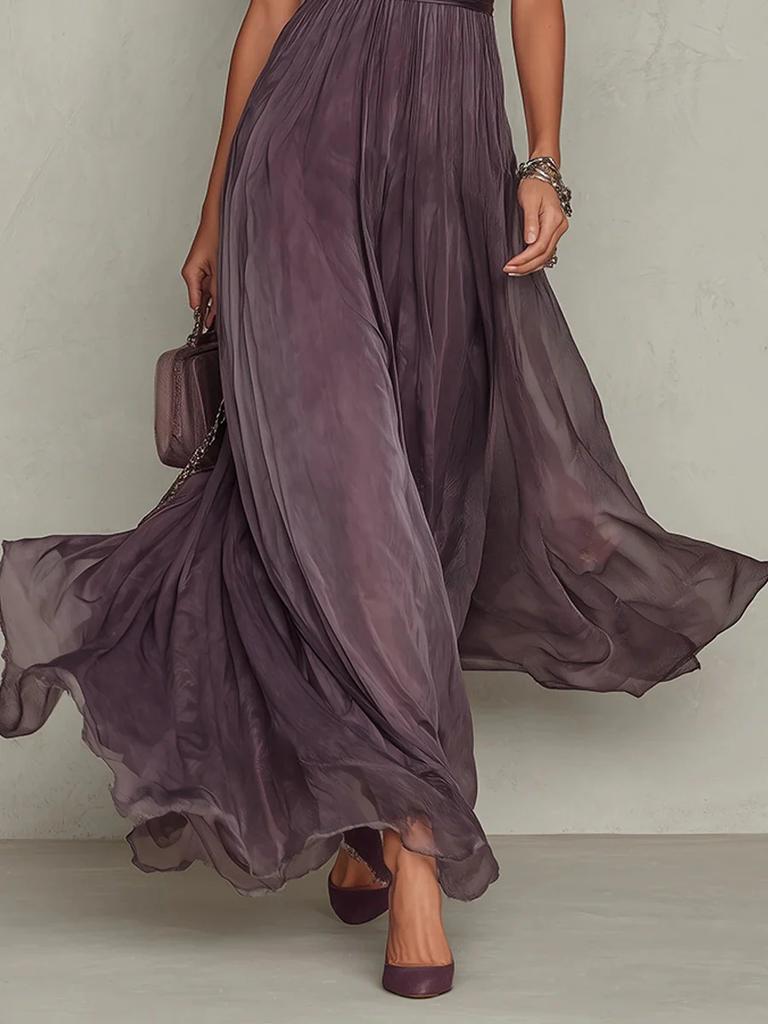 New Style Purple Gradient Long Dress with High Neck Lace Patchwork Flowy Chiffon Evening Gown