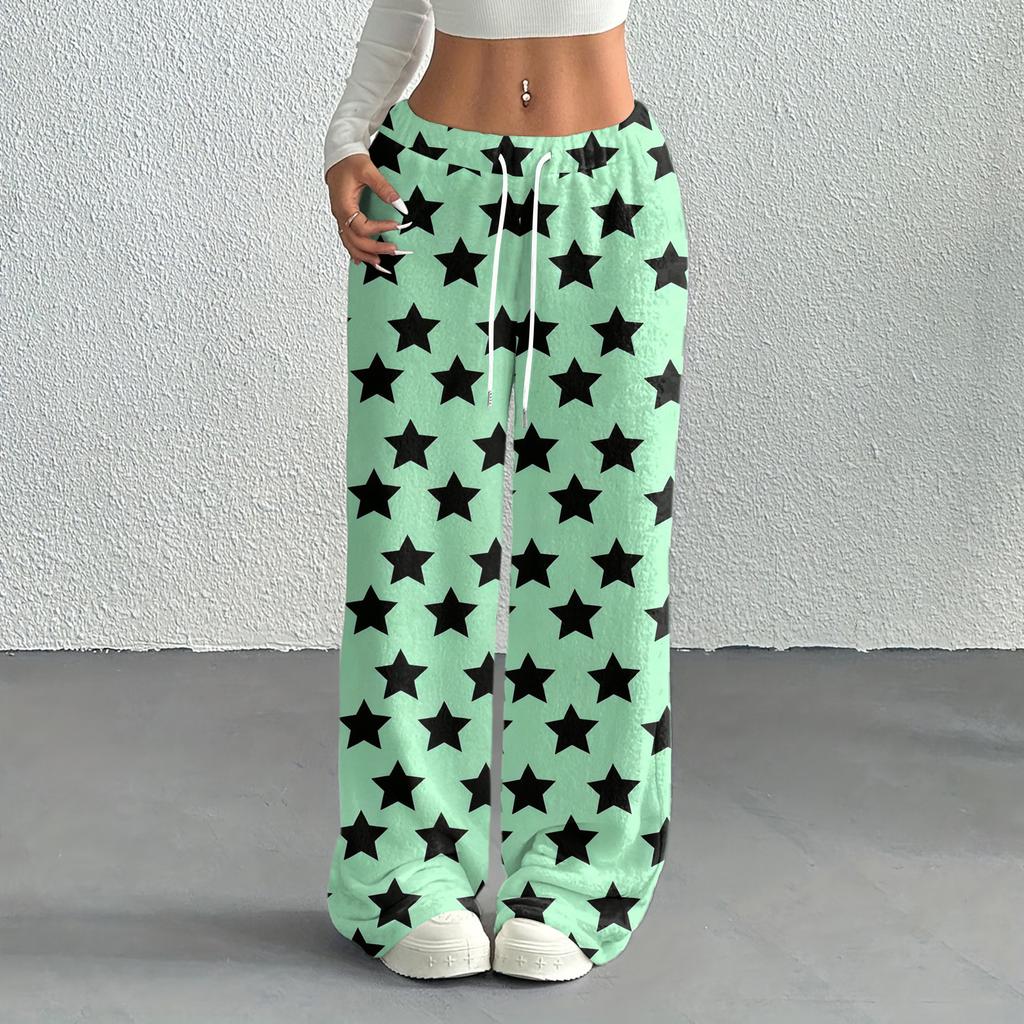 Women's Casual Fashion Printed Elastic Waist Loose Straight Leg Pants With Rope