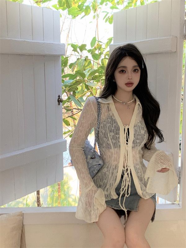 Women's Black Sheer Chiffon Sun Protection Shirt, Lace-Up Waist, Slimming Fit - Autumn 2026