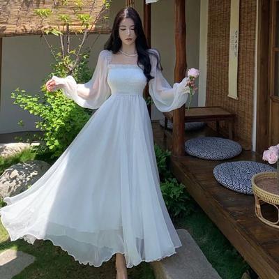 One-line Collar, Long-sleeved Waist, Tube Top Dress, Fairy Skirt, Super Fairy Seaside Vacation Beach Dress