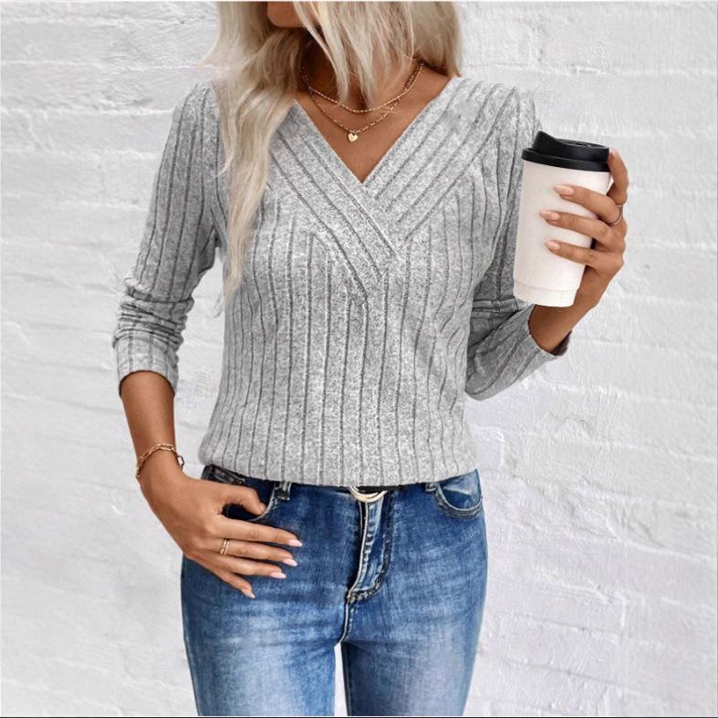 2025 Women's European & American Style V-neck Ribbed Casual Slim Fit Long Sleeve Autumn/Winter T-shirt