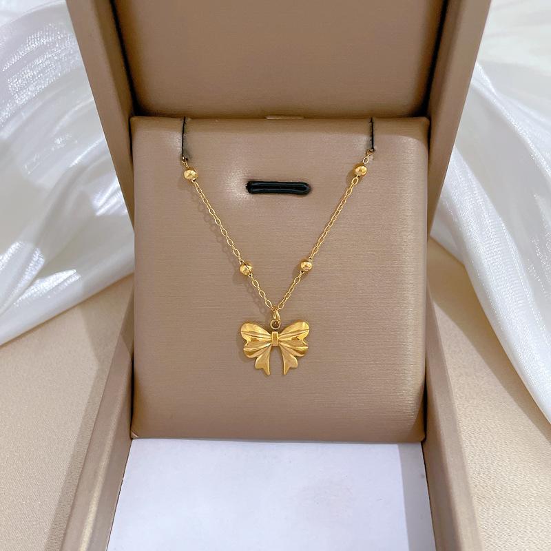 Clip Bead Chain Bow Furnace Real Gold Necklace Women'S Collarbone Chain With Jewelry