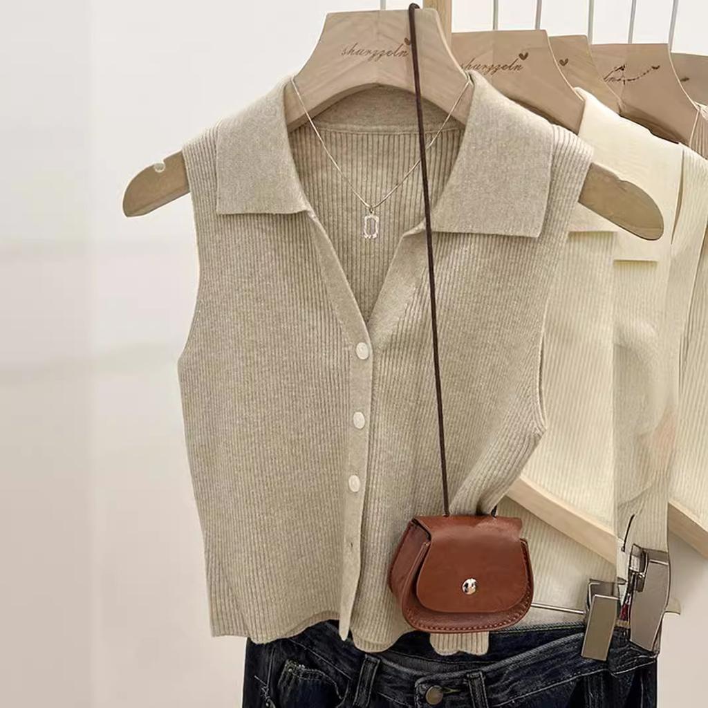 Polo lapel thin slim sling outer vest women's summer chic ice silk knitted vest sleeveless small top