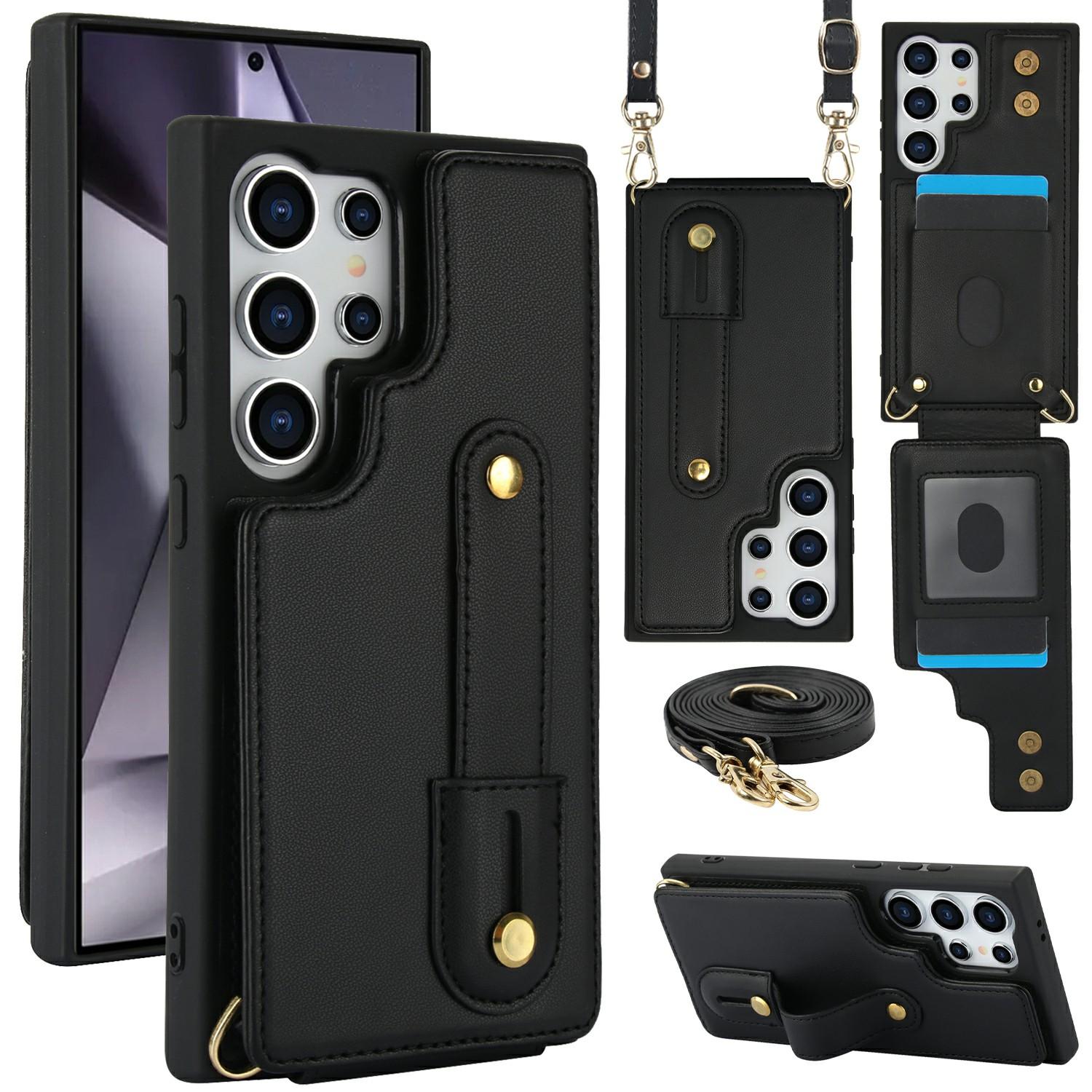 For Samsung Galaxy S26 Ultra Case Kickstand Card Slots Leather Coated TPU Cover with Shoulder Strap