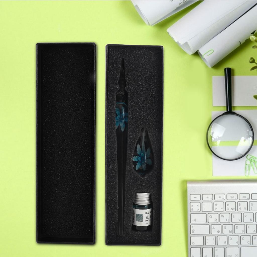 Retro   Elegant Flower Glass Dip Pen Signature Ink Fountain Pen with Ink Penholder Pink