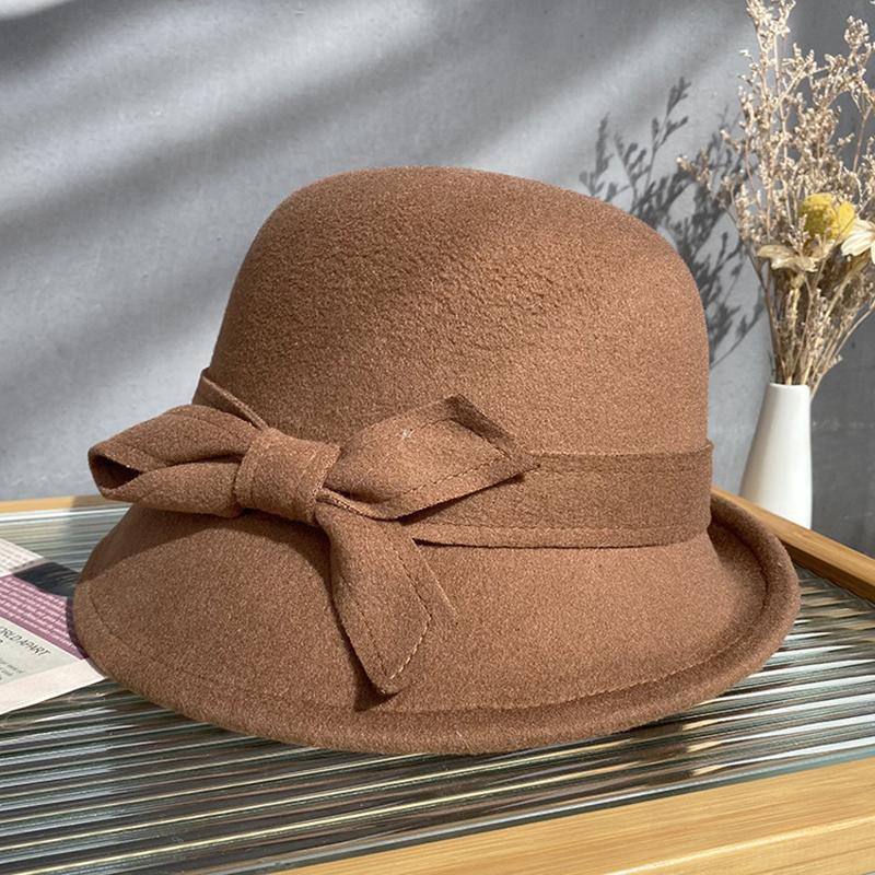 2023 Autumn And Winter New Bucket Basin Of Bowknot Wool Hat Female Warm Fashion Female Warm French Retro Fedoras Hat