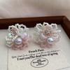 New super fairy earrings French pink and white flower pearl stud earrings advanced handmade temperament niche versatile earrings