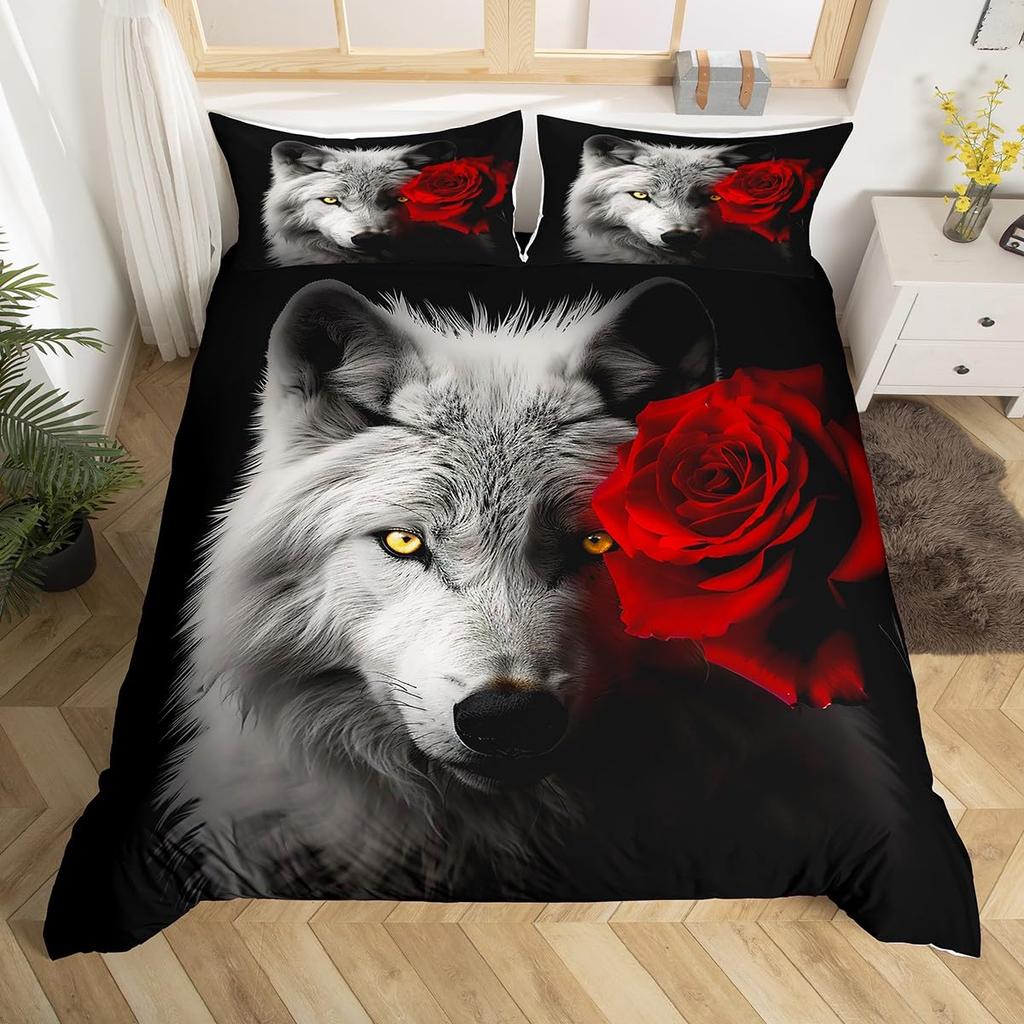 Kids Wolf Comforter Cover Full Queen Size Botanical Floral Bedding Set Wild Animal Duvet Cover Plant Flower Bedspread Cover
