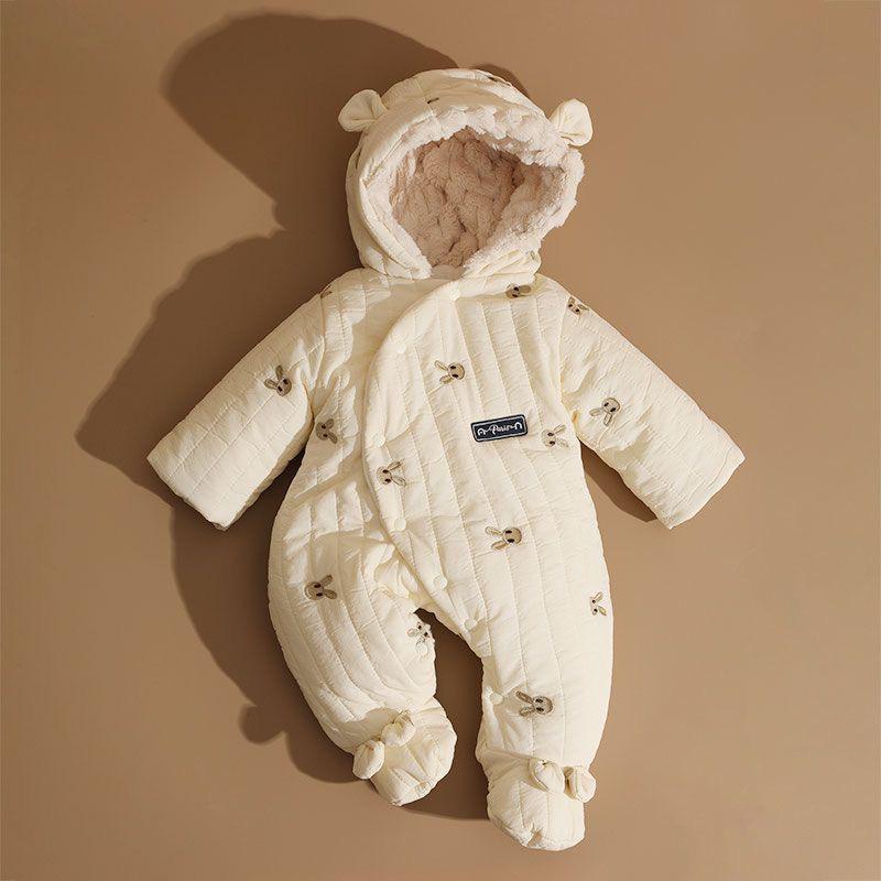 Cozy Cotton Padded Baby Suit: Rabbit Romper & Fleece Set for Autumn/Winter Outings with Footed Wrap