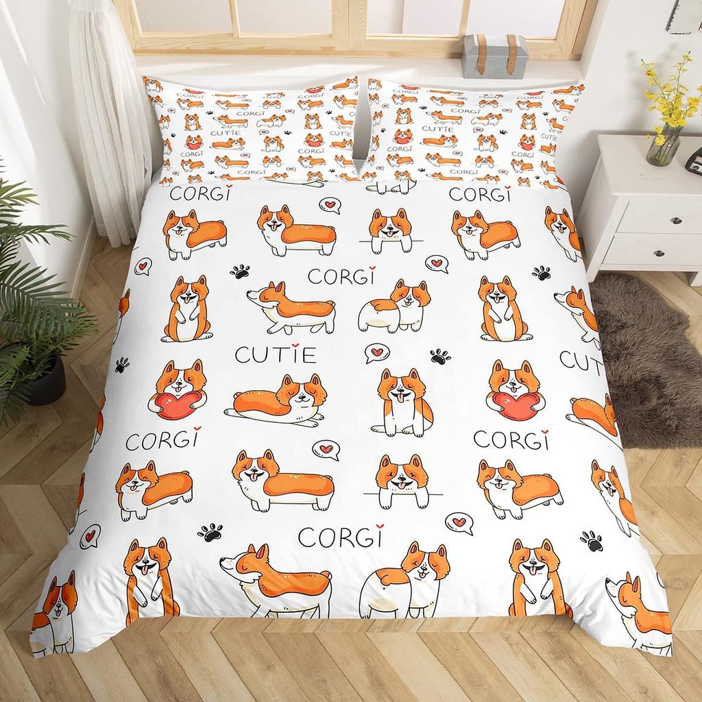 Kids Cartoon Dogs Duvet Cover Set King Size Corgi Pug Pattern Comforter Cover For Boys Girls Adult Bedroom Decor,Cute Puppy Pet