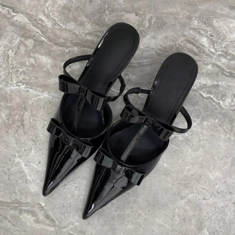 

Fashion Baotou Shoes Women Spring and Summer New Pointed Toe Shallow Mouth Sexy Bow Cross Buckle Stiletto Heel Back Empty Sandals 42