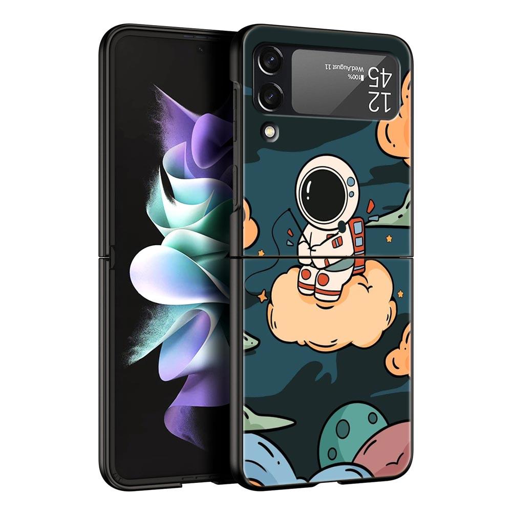 Cartoon Cute Cosmonaut Hard PC Phone Case For Samsung Galaxy Z Flip 7 6 5 4 Black Cover For Galaxy Z Flip3 Foldable Fundas Shell