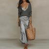 Spring Long Sleeve Loose Sweater Women's Set Elegant V Neck Satin Long Dress Suit Summer Casual Slim Vacation Beach Outfit Mujer