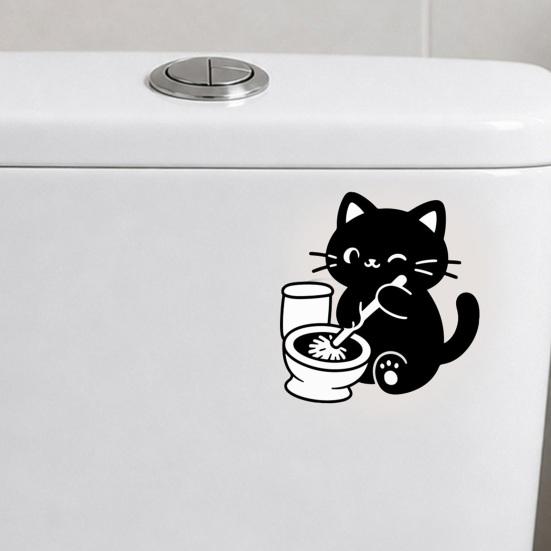 Waterproof Bathroom Wall Decals Funny Black Cat Toilet Sticker, Cute Cartoon Decal, Removable Tank PVC Sticker for Washroom Home Decor Lover