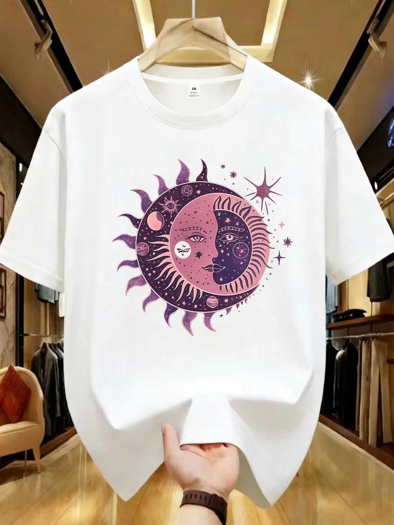 Unisex Trendy Sun Moon Star Print Soft Cotton Round Neck TShirt Summer Casual Street Versatile Short Sleeve Tops